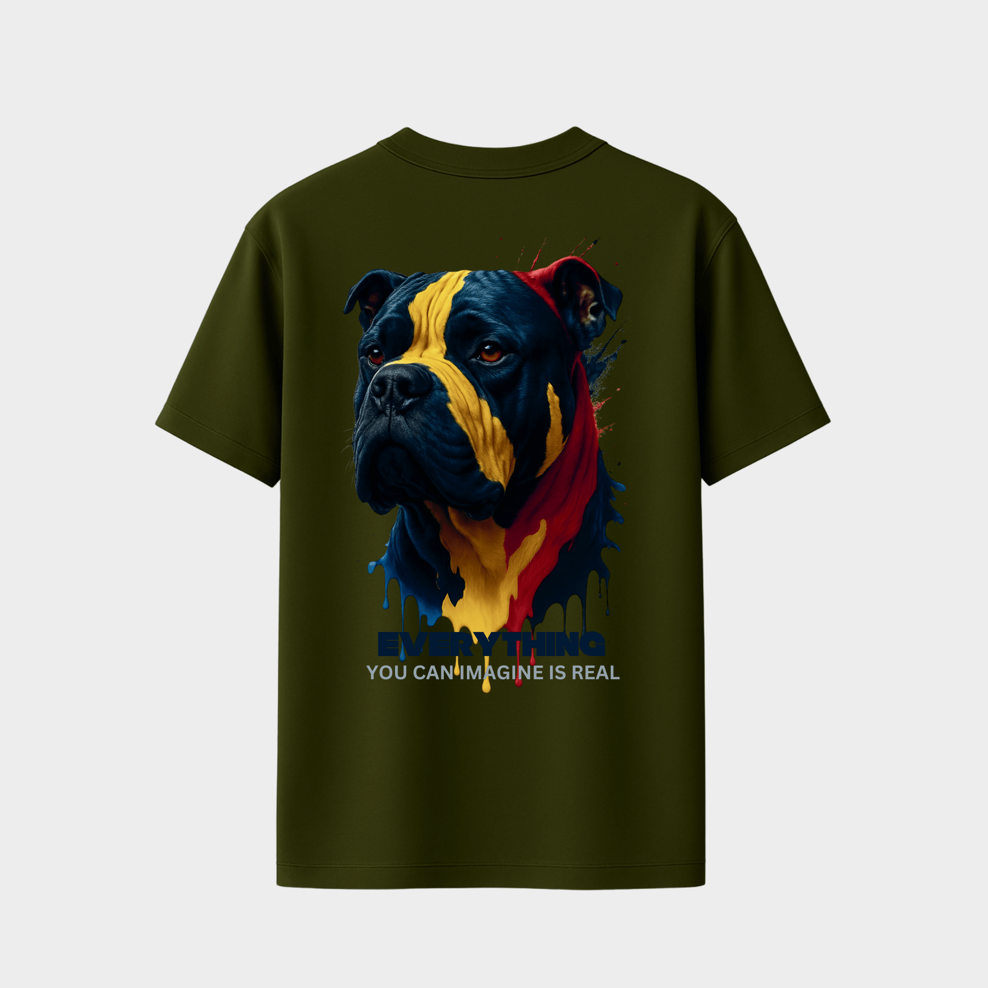 RichDaddy oversized MILTERY GREEN t-shirt front DOG PRINT 240 gsm bio-wash cotton
