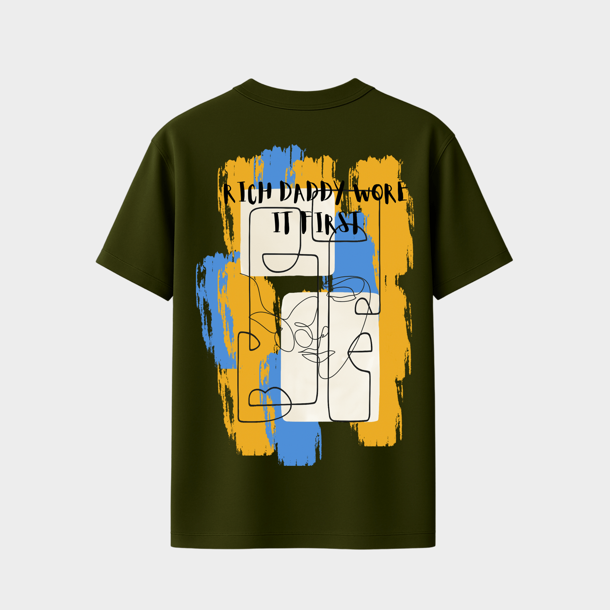 Green t-shirt with abstract design and text
