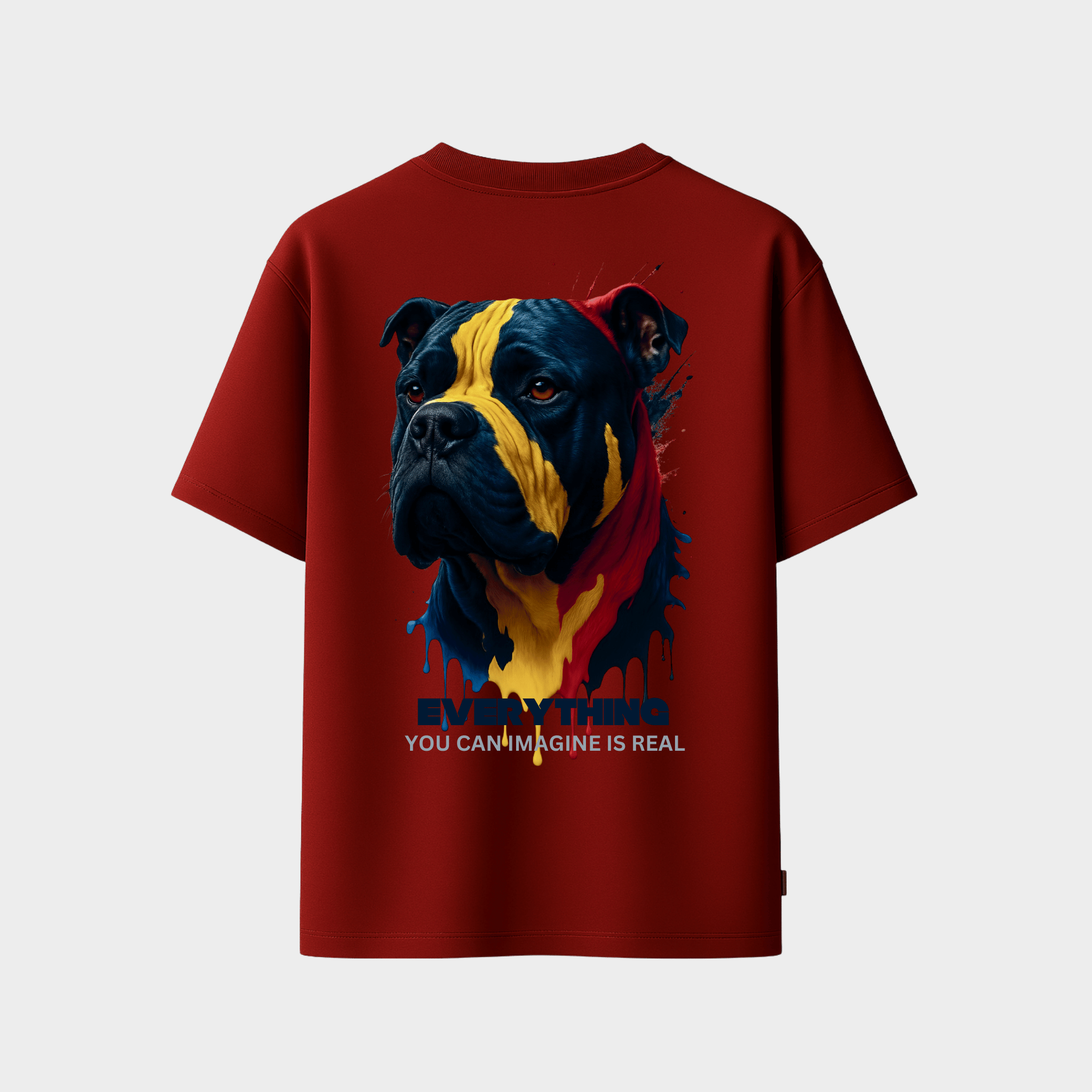 RichDaddy oversized MAROON t-shirt front DOG PRINT 240 gsm bio-wash cotton
