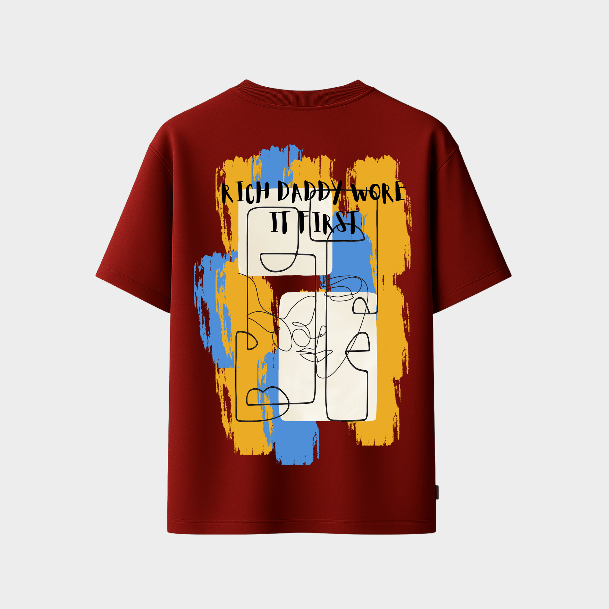 Maroon t-shirt with colorful graphic design 