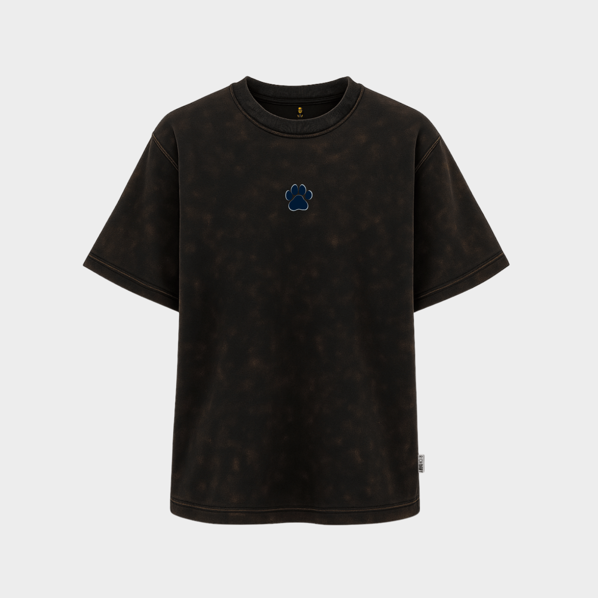 RichDaddy oversized ACIDWASH BLACK t-shirt front DOG FOOT PRINT FRONT 240 gsm bio-wash cotton
