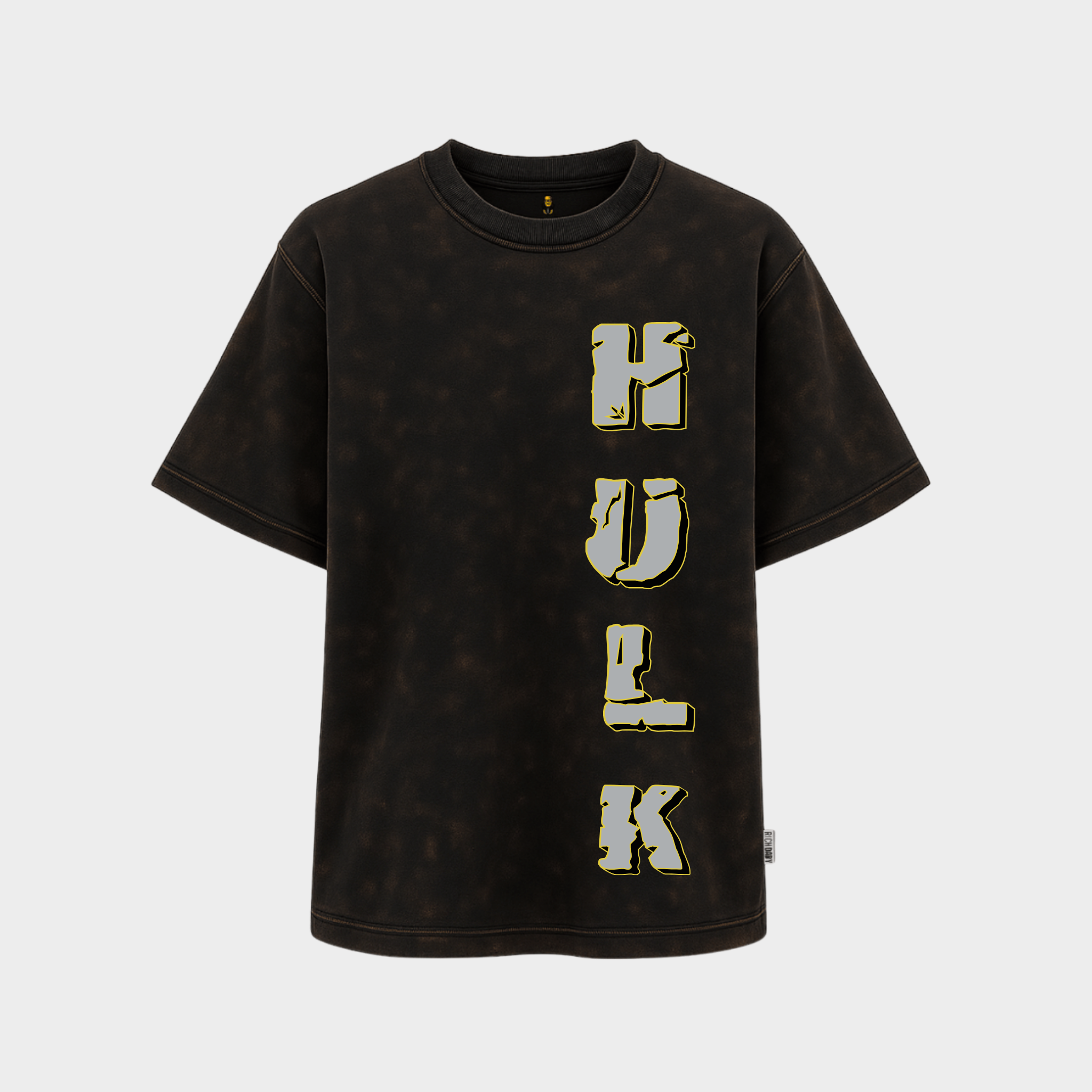 RichDaddy oversized Hulk printed graphic t-shirt acidwash black front view 240 GSM bio-wash cotton

