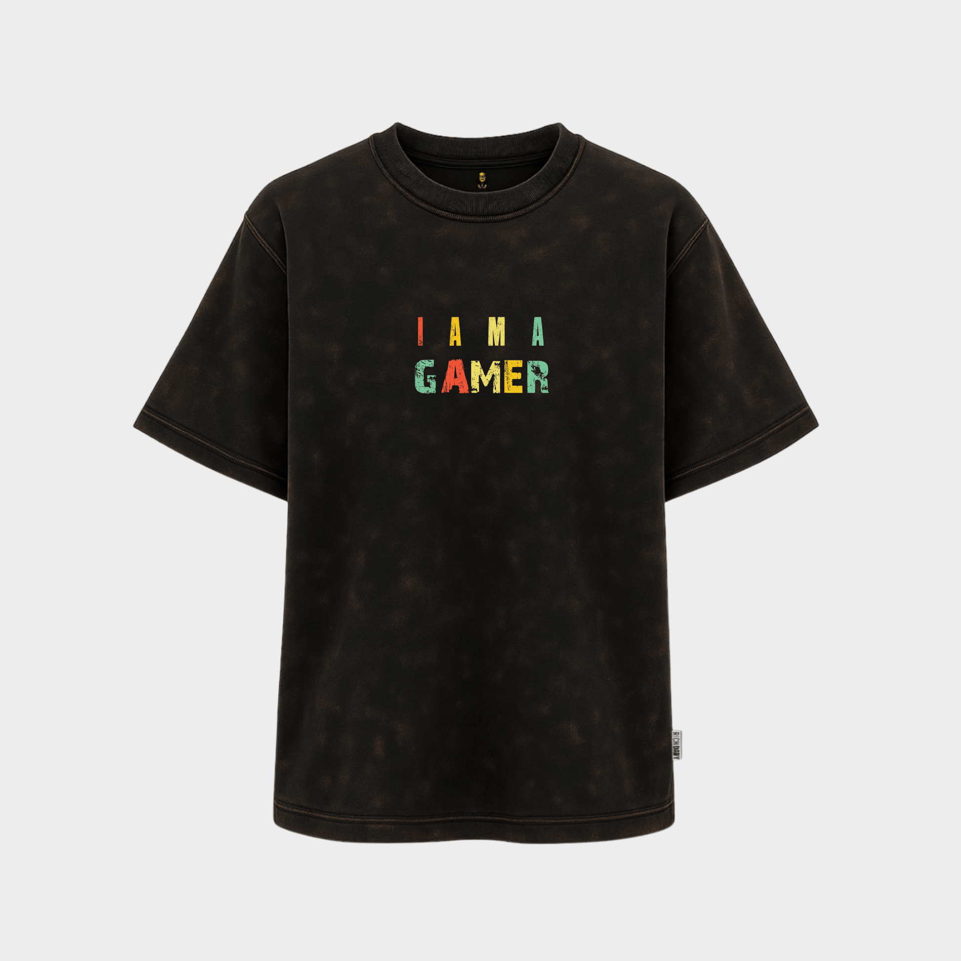 RichDaddy I Am A Gamer oversized t-shirt acidwash black front view 240 GSM cotton