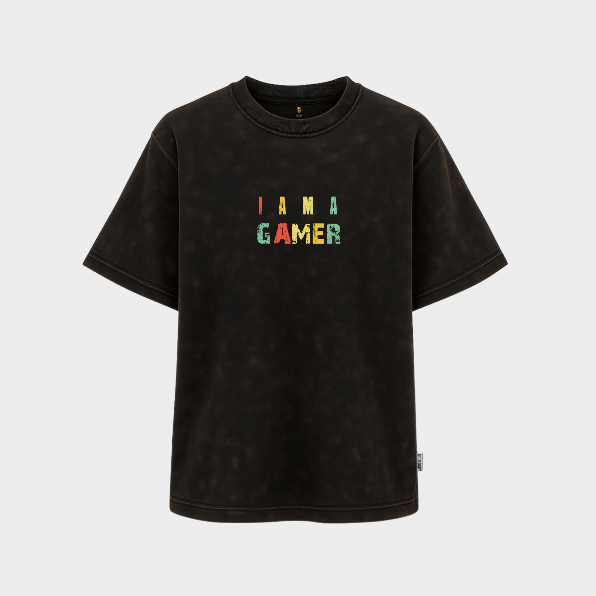RichDaddy I Am A Gamer oversized t-shirt acidwash black front view 240 GSM cotton