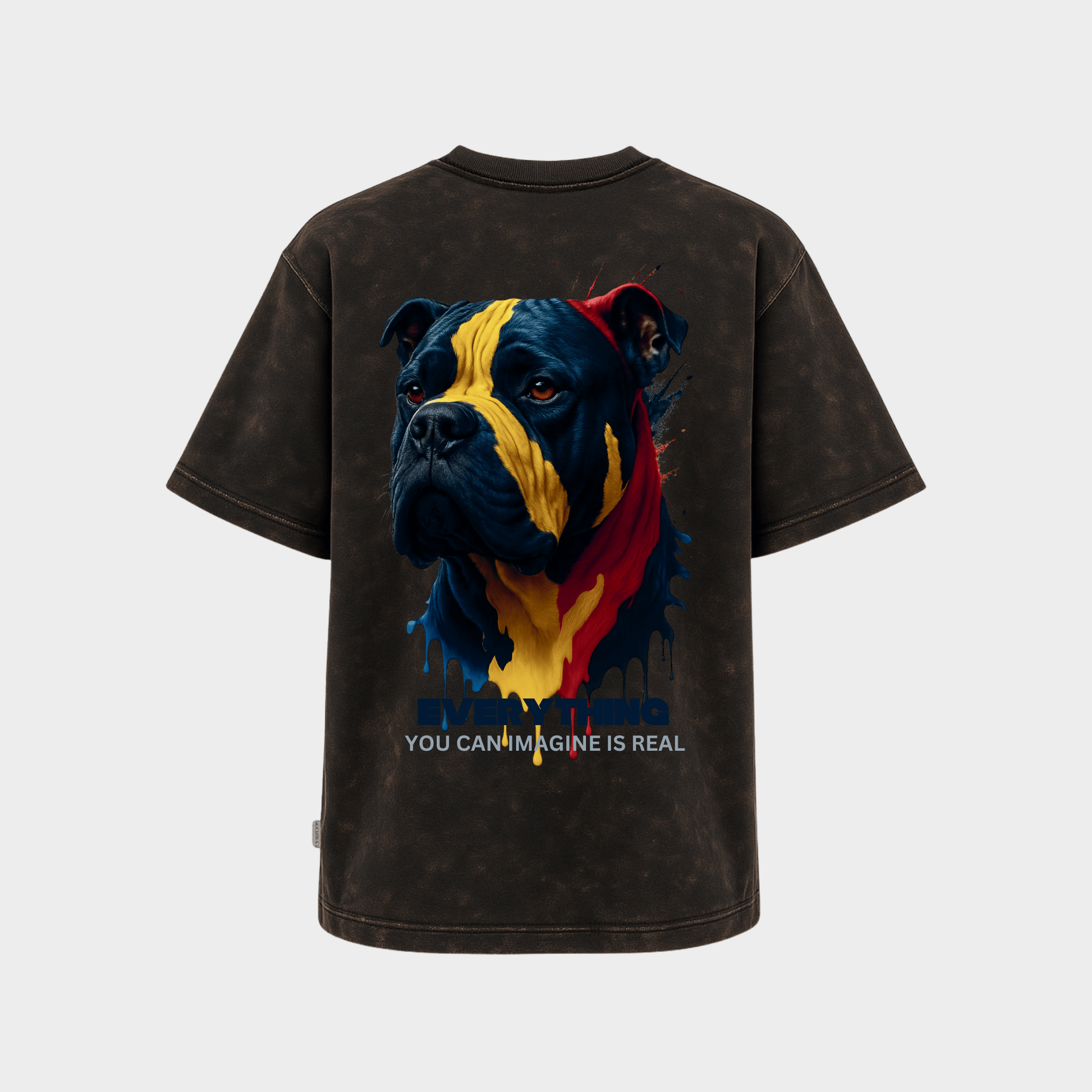 RichDaddy oversized ACIDWASH BLACK  t-shirt front DOG PRINT 240 gsm bio-wash cotton
