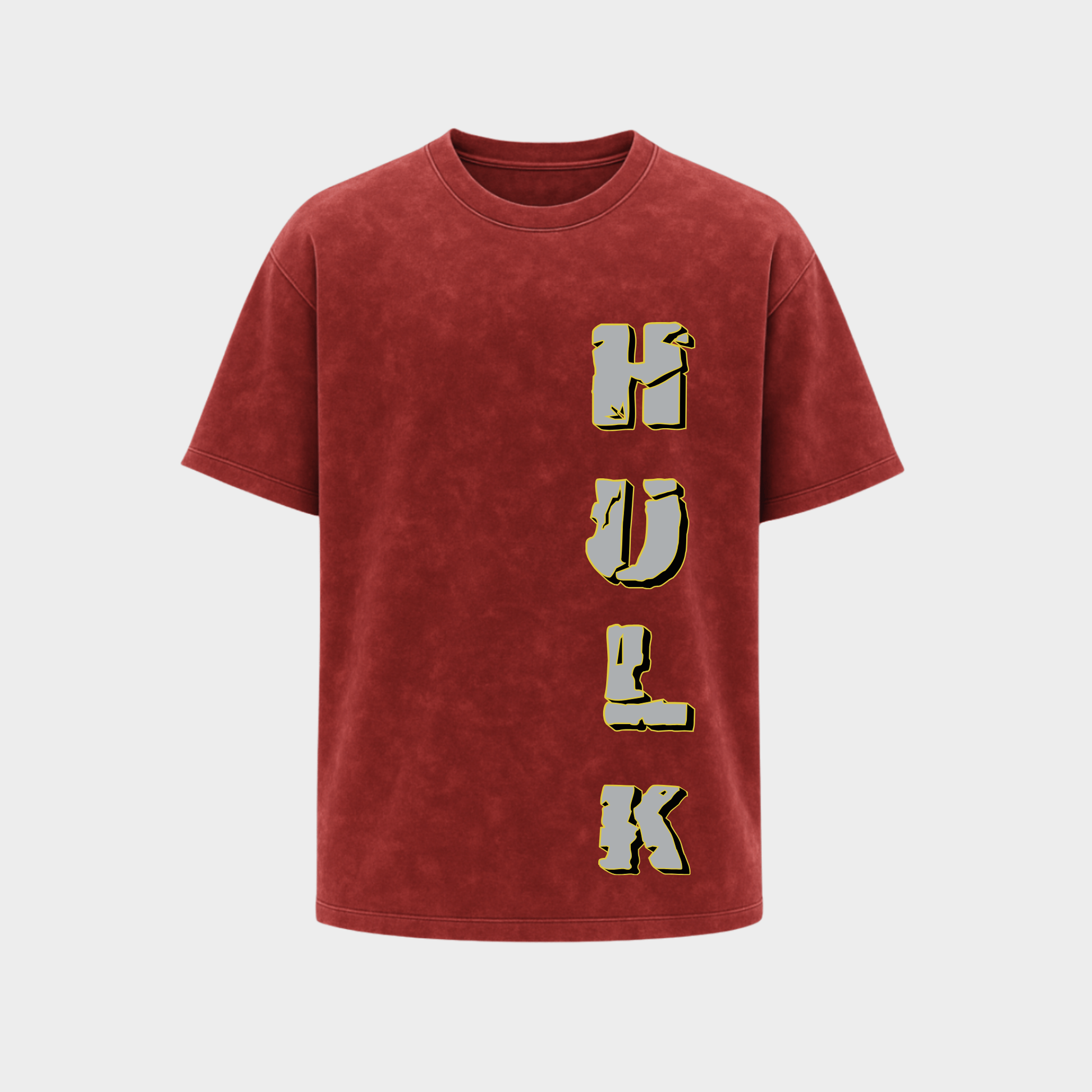 RichDaddy oversized Hulk printed graphic t-shirt acid wash maroon front view 240 GSM bio-wash cotton
