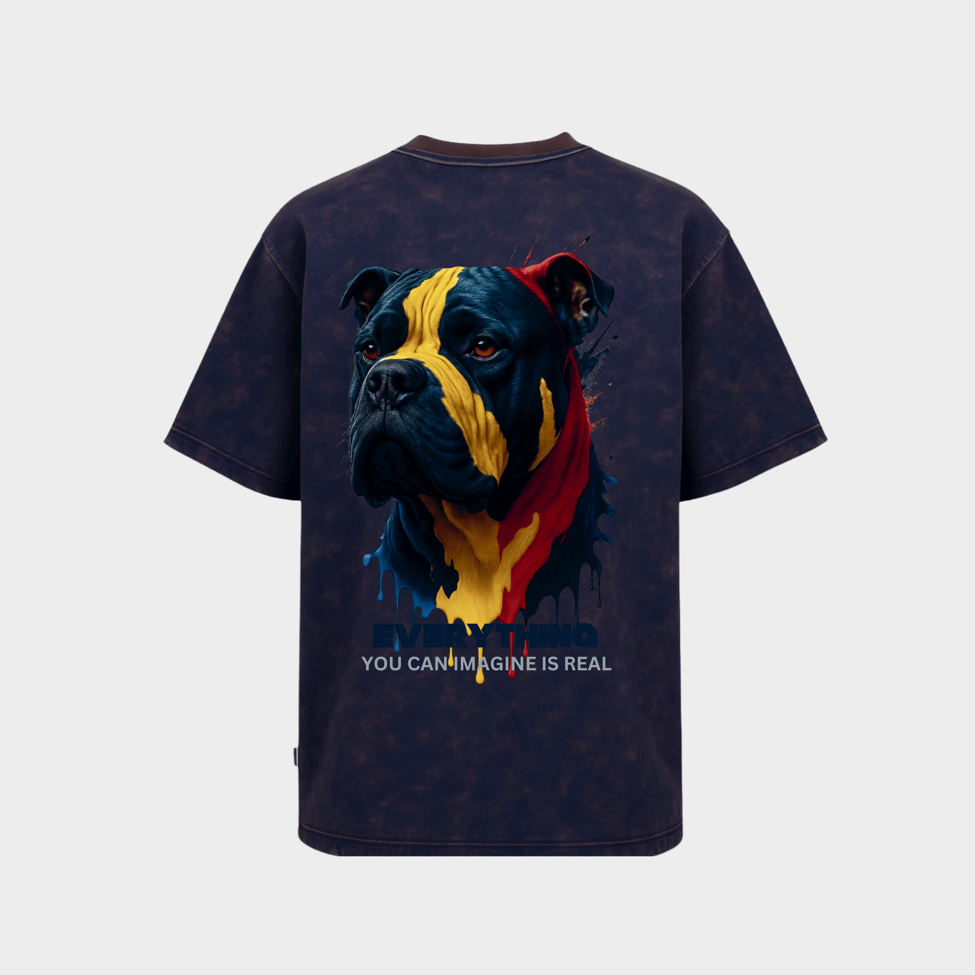 RichDaddy oversized ACIDWASH NAVYBLUE  t-shirt front DOG PRINT 240 gsm bio-wash cotton

