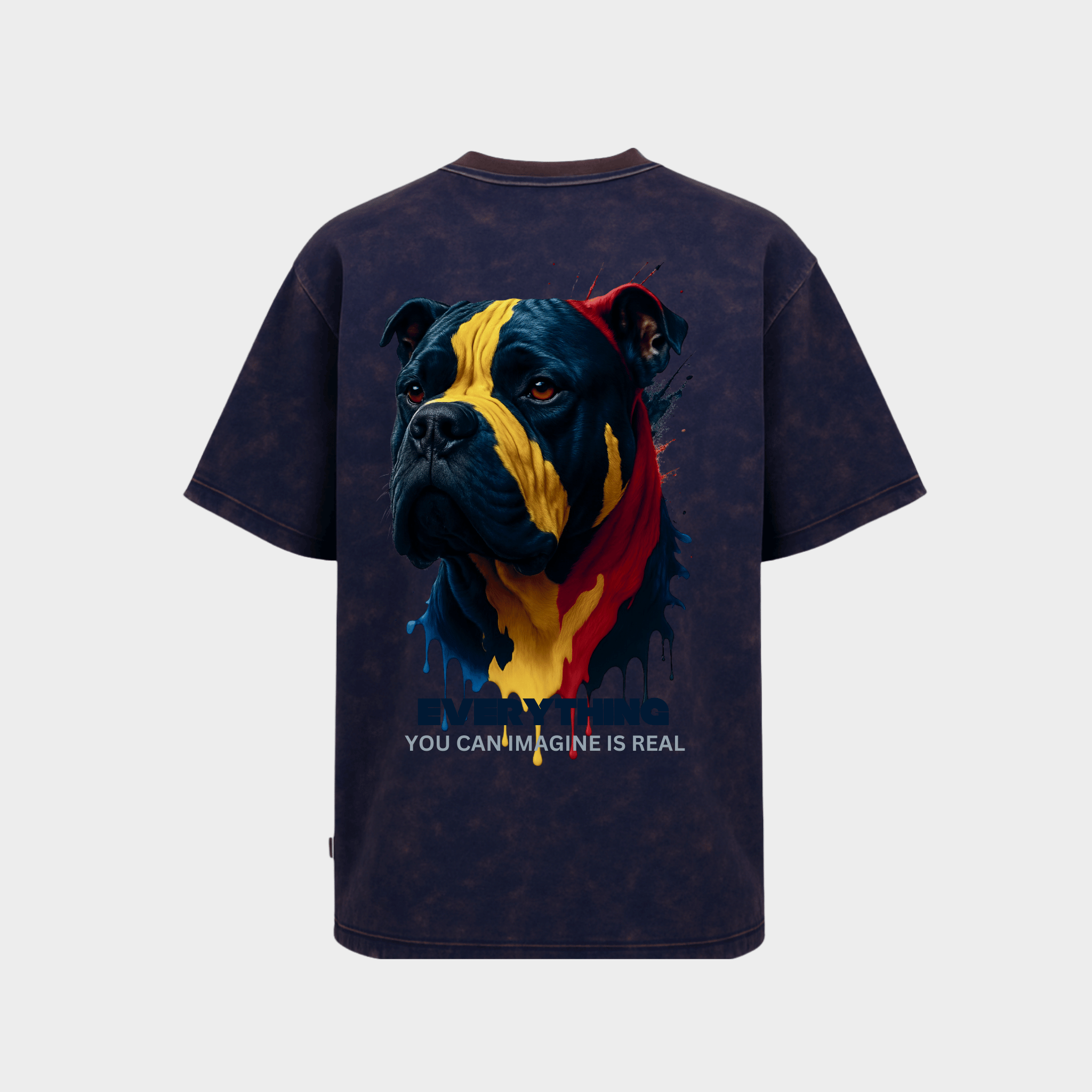 RichDaddy oversized ACIDWASH NAVYBLUE  t-shirt front DOG PRINT 240 gsm bio-wash cotton
