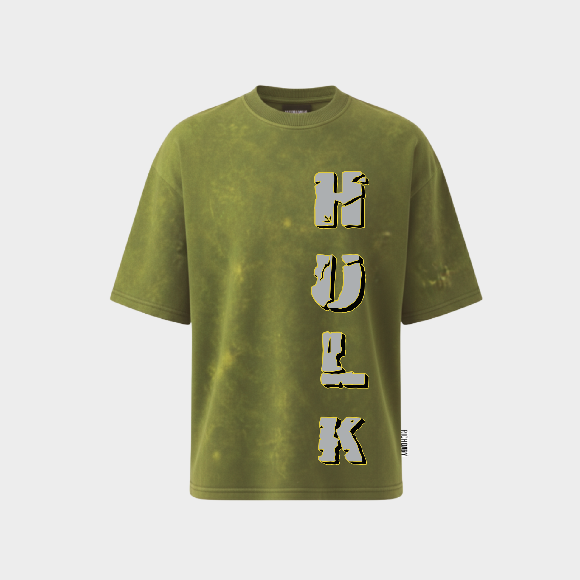 RichDaddy oversized Hulk printed graphic t-shirt acidwash milterygreen front view 240 GSM bio-wash cotton
