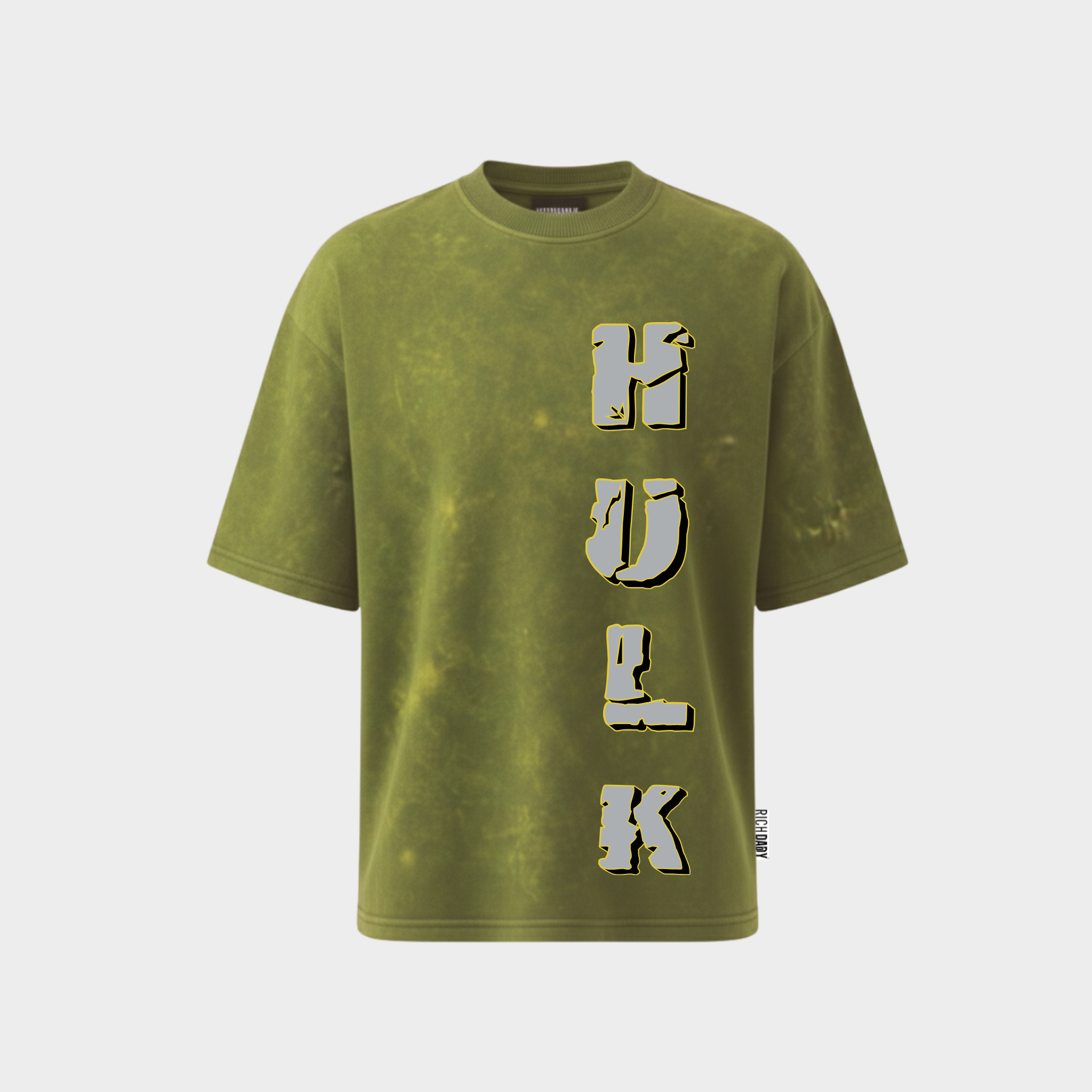RichDaddy oversized Hulk printed graphic t-shirt acidwash milterygreen front view 240 GSM bio-wash cotton
