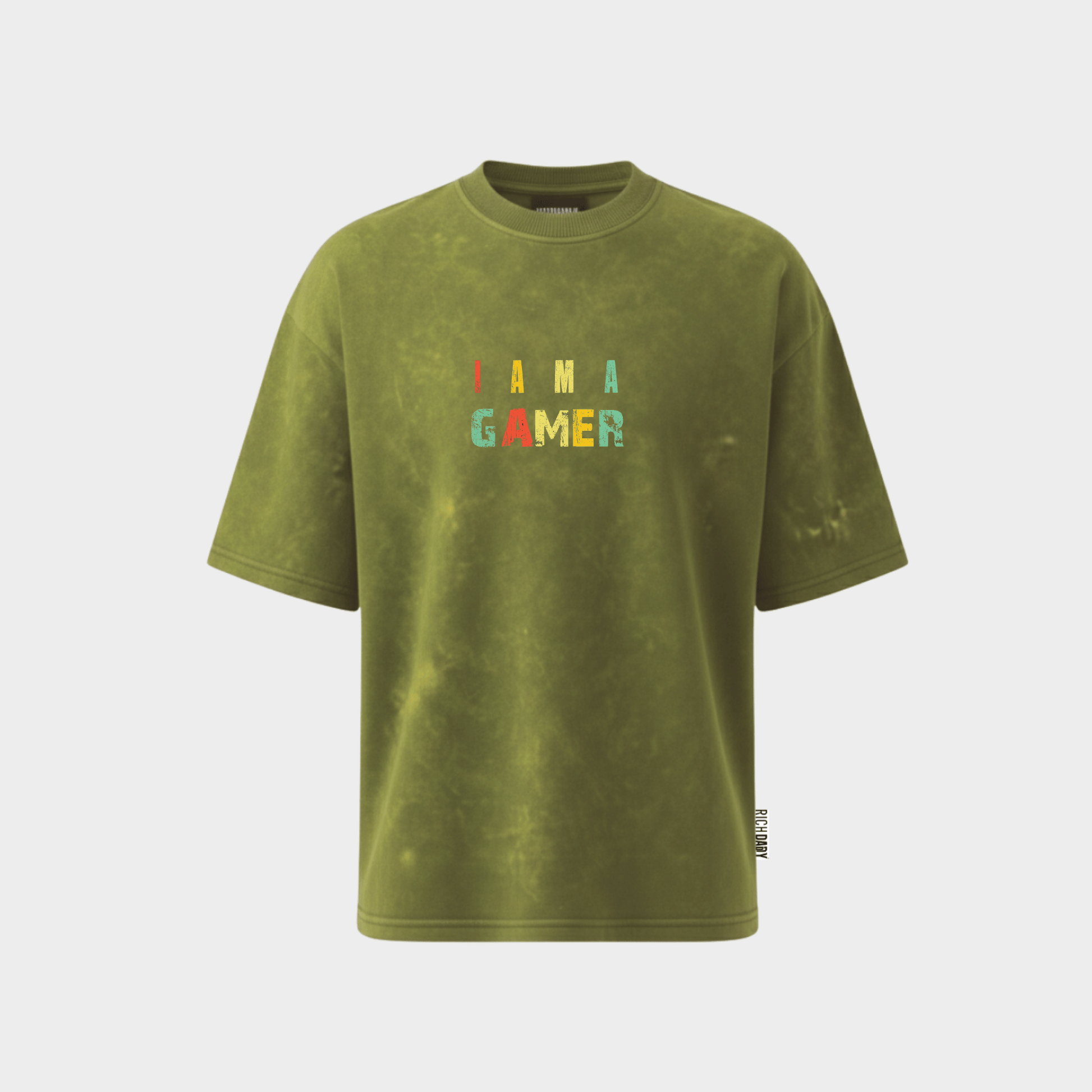 RichDaddy I Am A Gamer oversized t-shirt ACIDASH MILTERY GREEN front view 240 GSM cotton