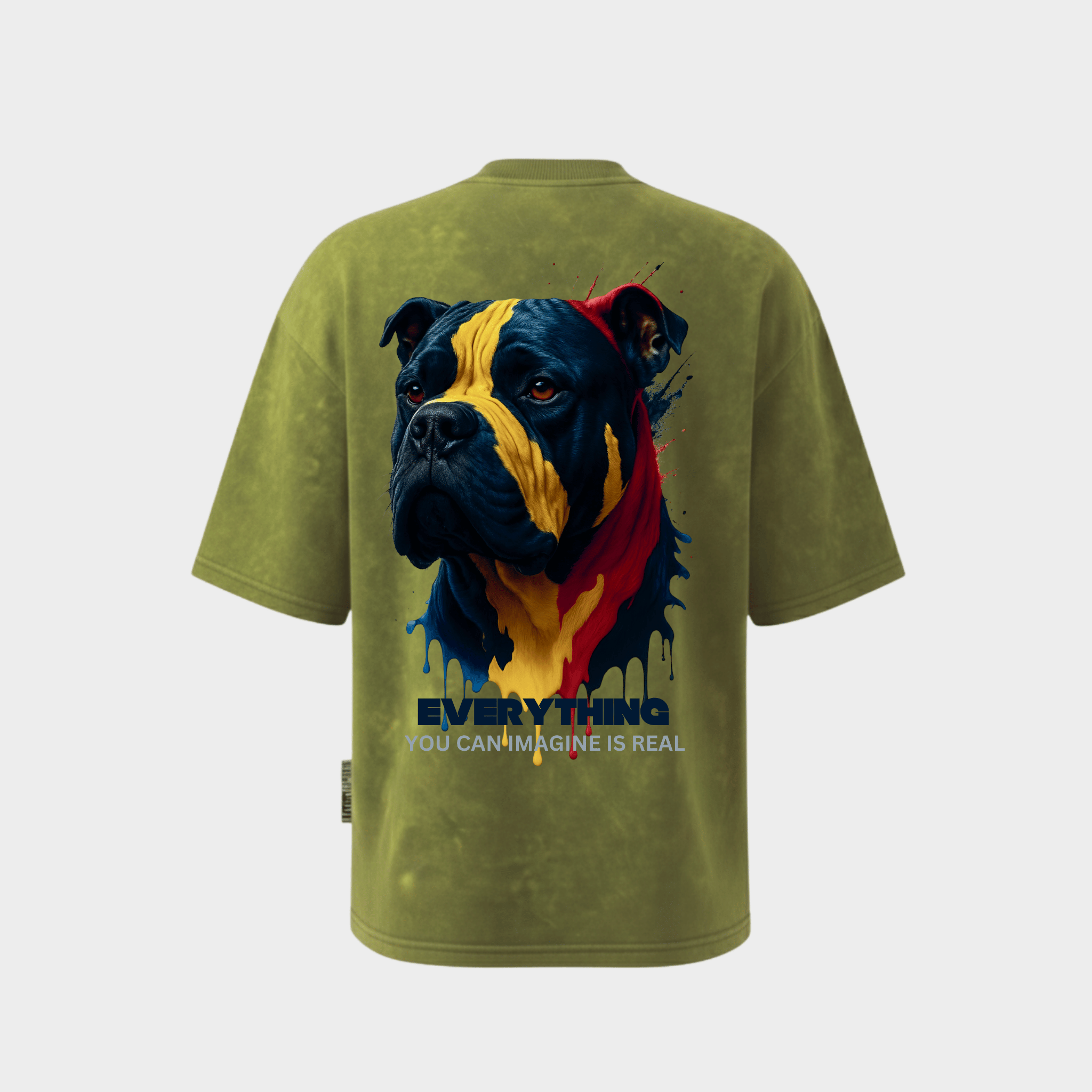 RichDaddy oversized ACIDWASH MILTERY GREEN t-shirt front DOG PRINT 240 gsm bio-wash cotton
