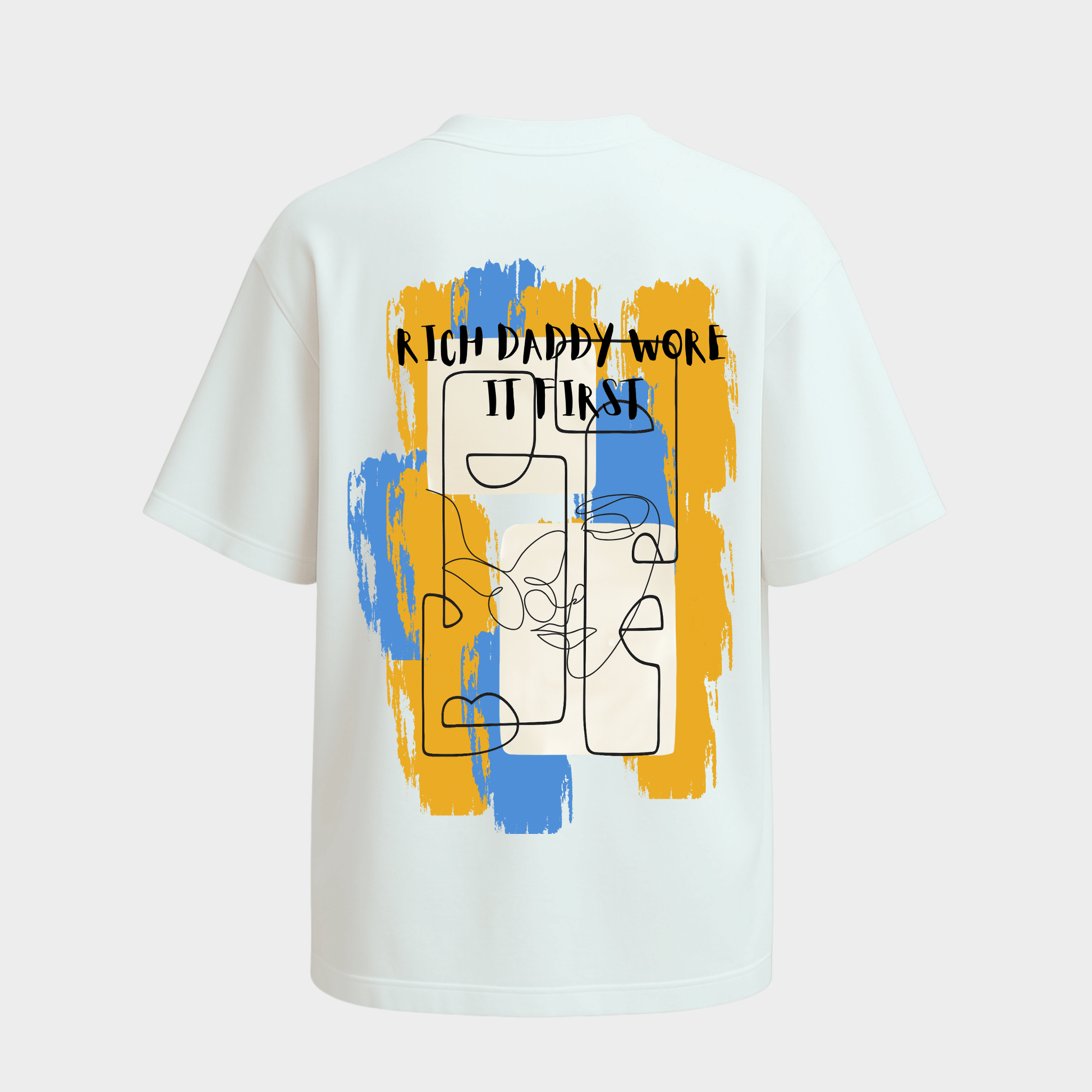 White t-shirt with colorful graphic design and text 