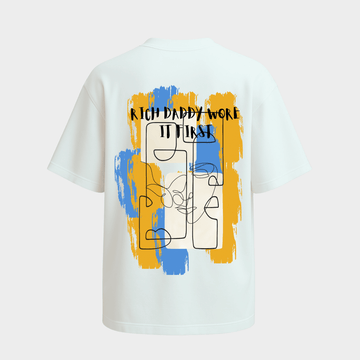 White t-shirt with colorful graphic design and text 