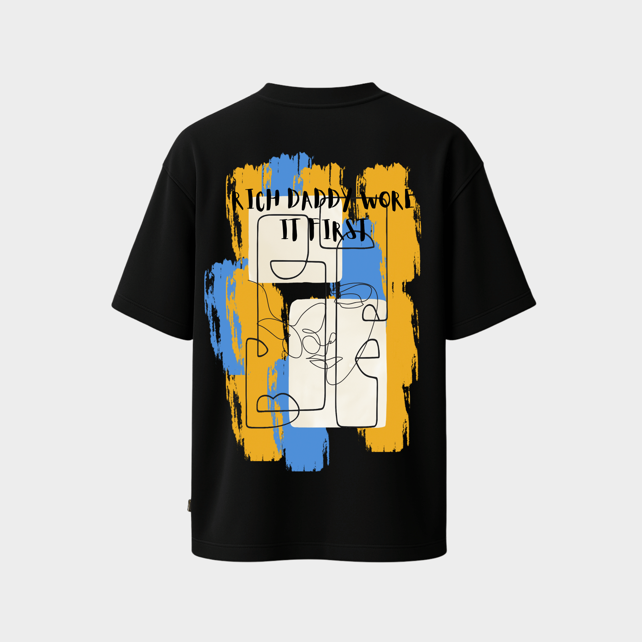 Black t-shirt with abstract design and text 