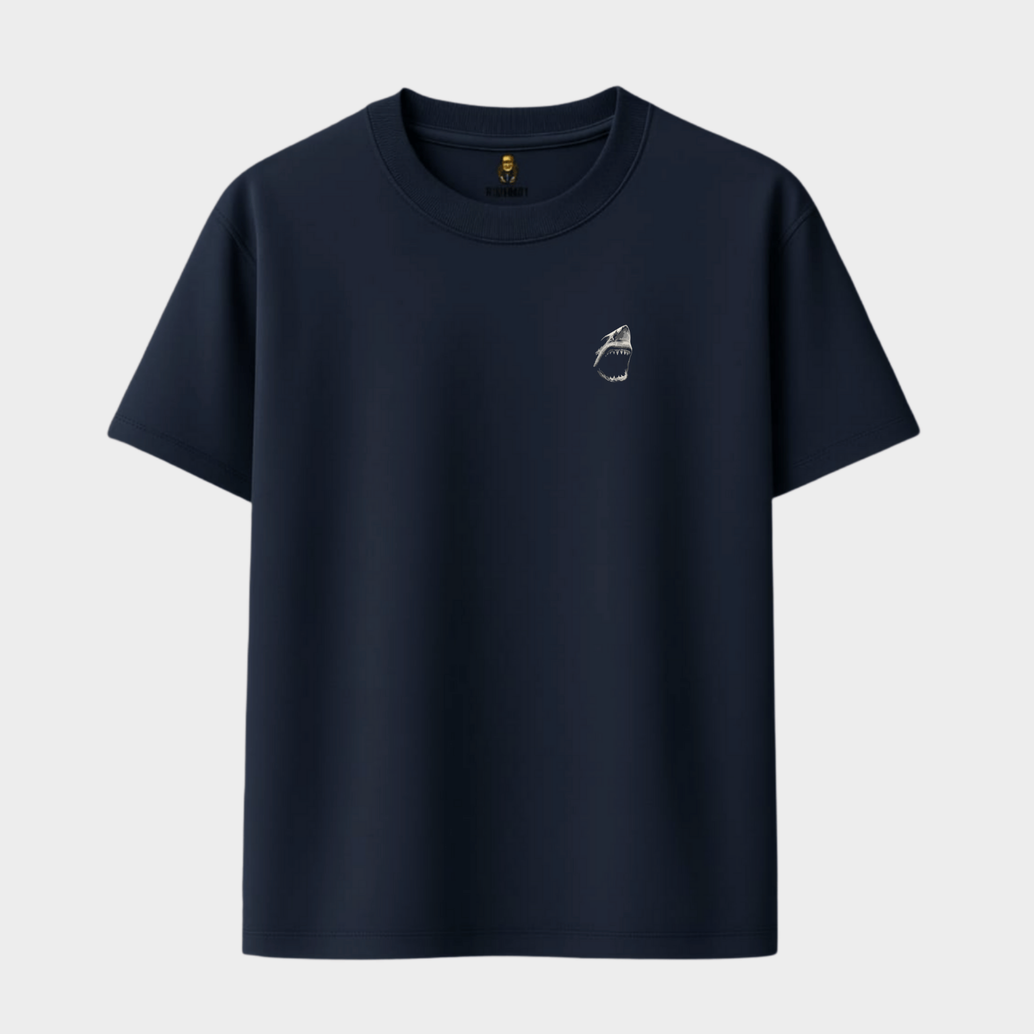 RichDaddy oversized SHARK printed graphic t-shirt NAVY BLUE front view 240 GSM bio-wash cotton
