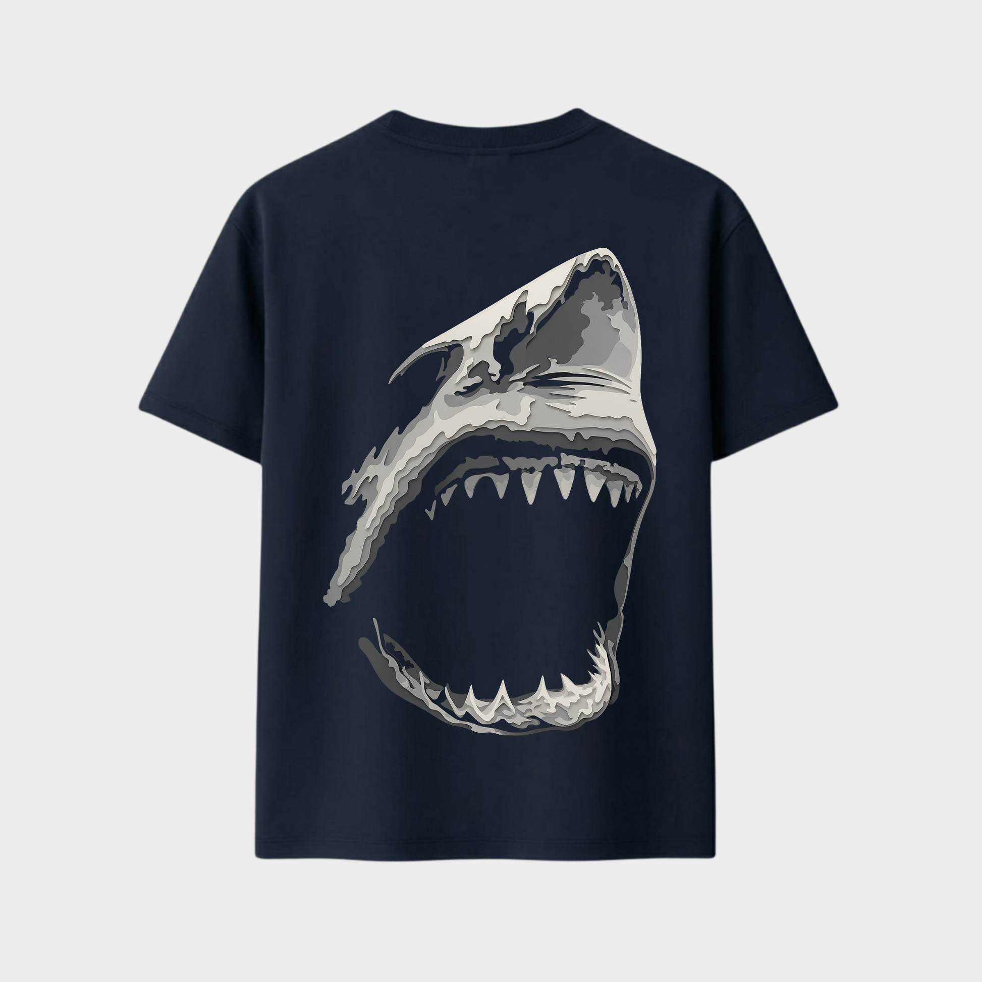 RichDaddy oversized SHARK printed graphic t-shirt NAVY BLUE back view 240 GSM bio-wash cotton
