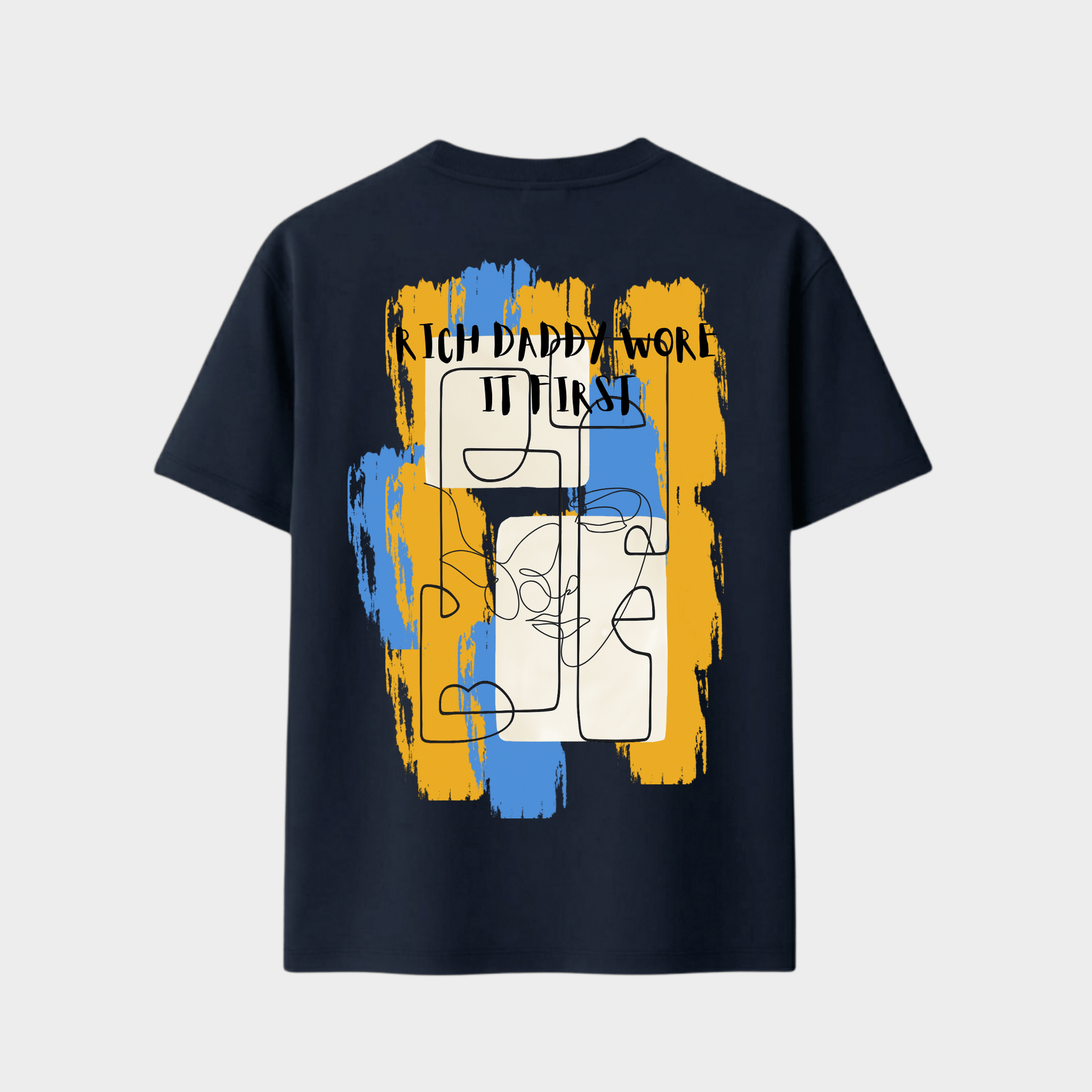 Black t-shirt with abstract design and text
