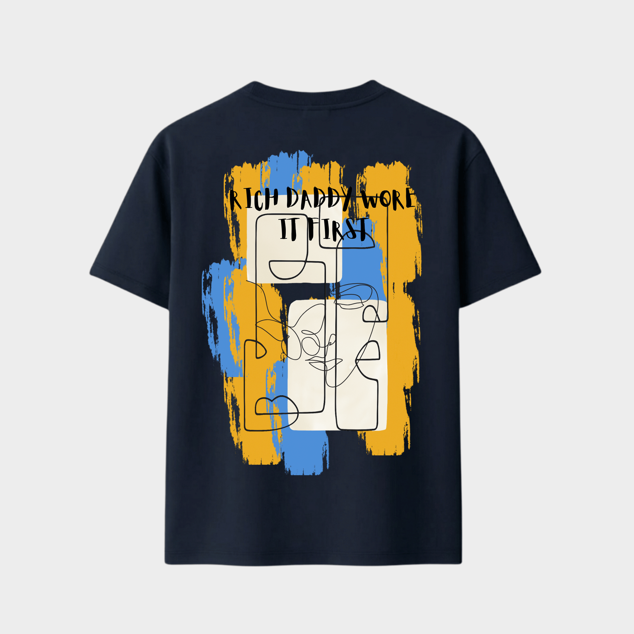Black t-shirt with abstract design and text