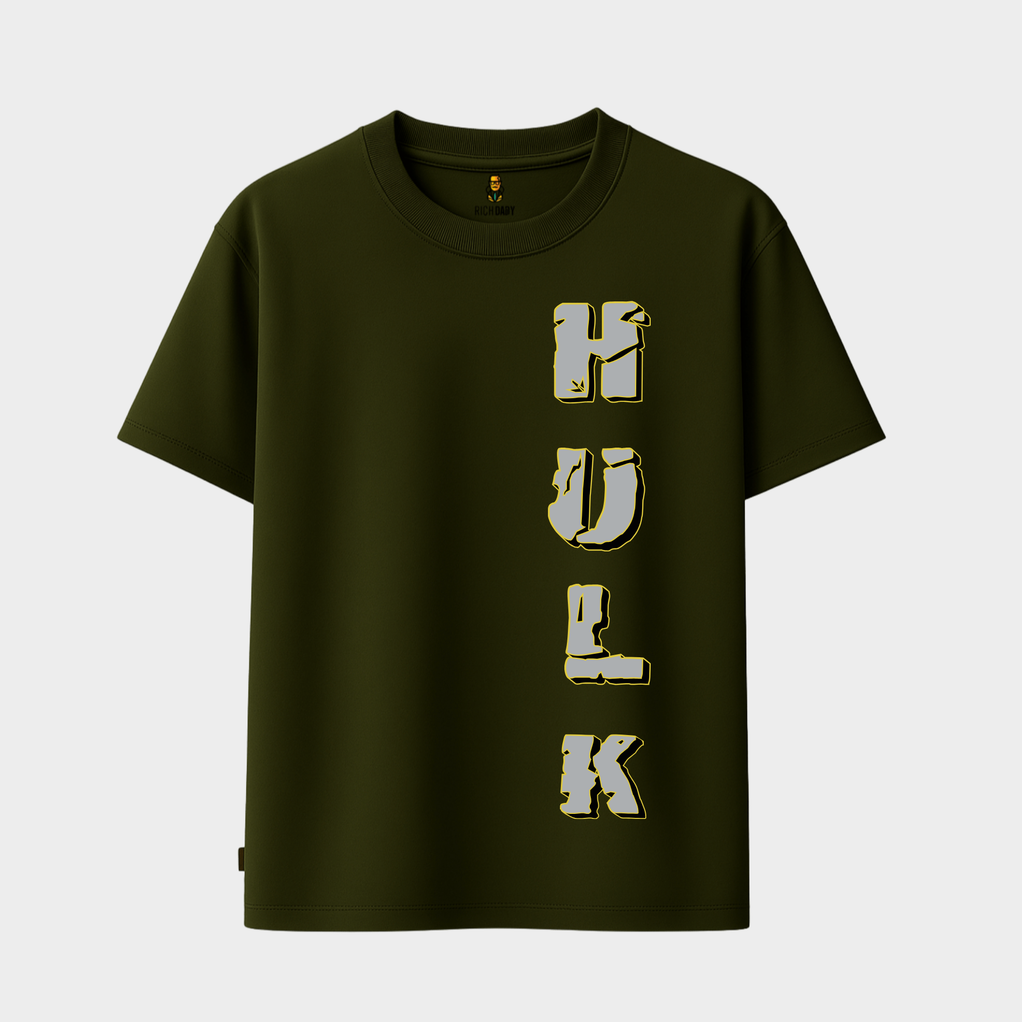 RichDaddy oversized Hulk printed graphic t-shirt miltery green front view 240 GSM bio-wash cotton
