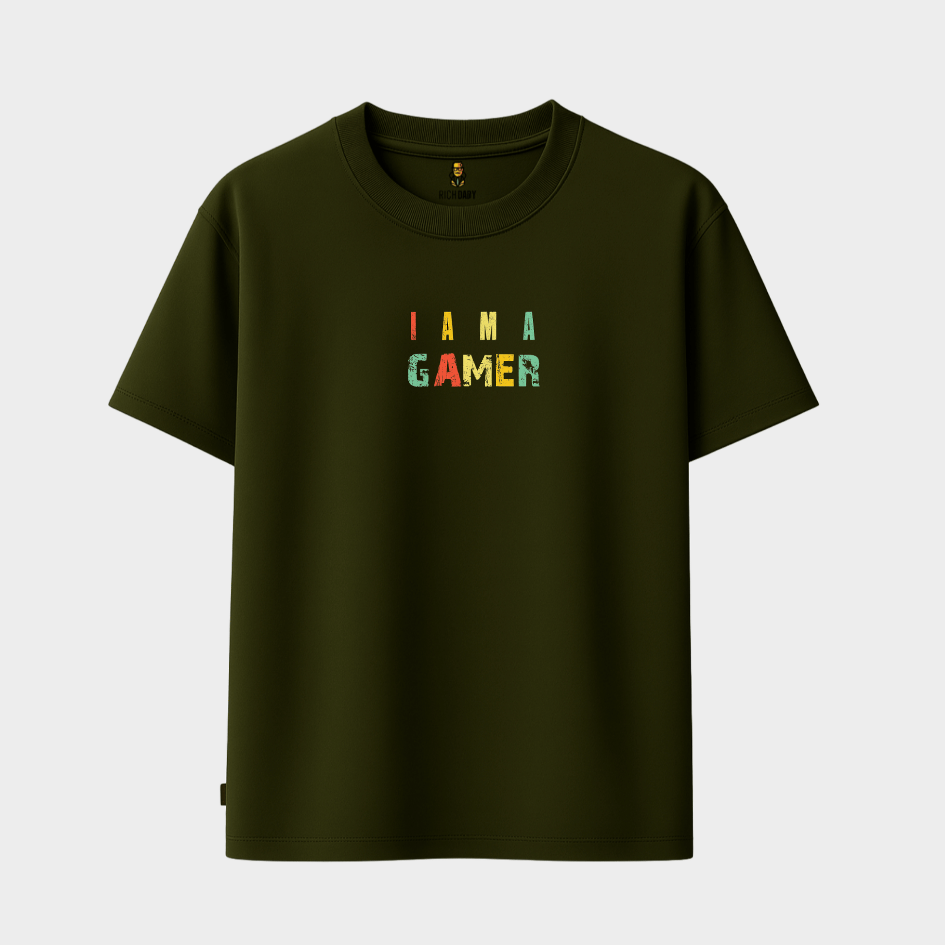 RichDaddy I Am A Gamer oversized t-shirt MILTERYGREEN front view 240 GSM cotton