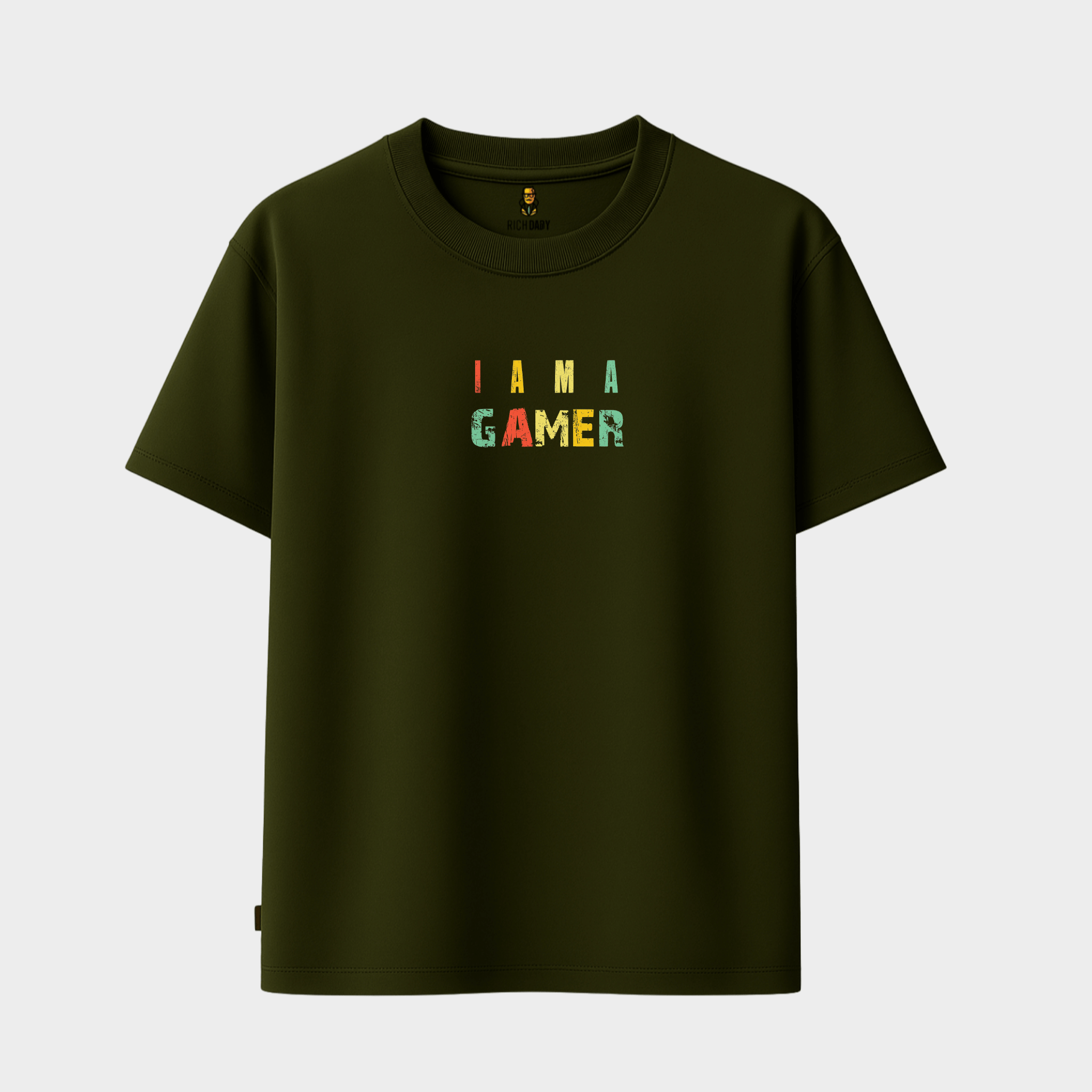 RichDaddy I Am A Gamer oversized t-shirt MILTERYGREEN front view 240 GSM cotton