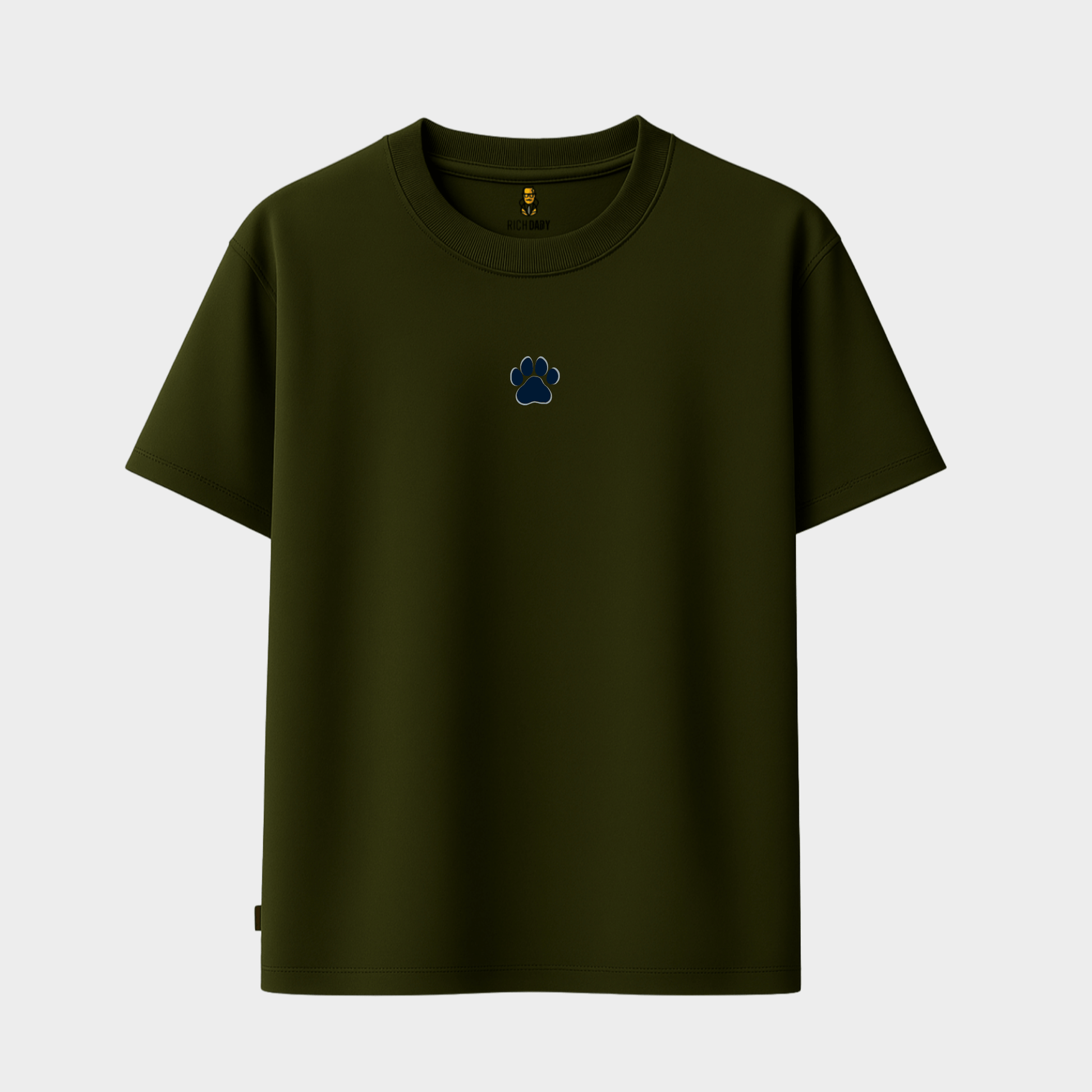 RichDaddy oversized MILTERY GREEN t-shirt front DOG FOOT PRINT FRONT 240 gsm bio-wash cotton
