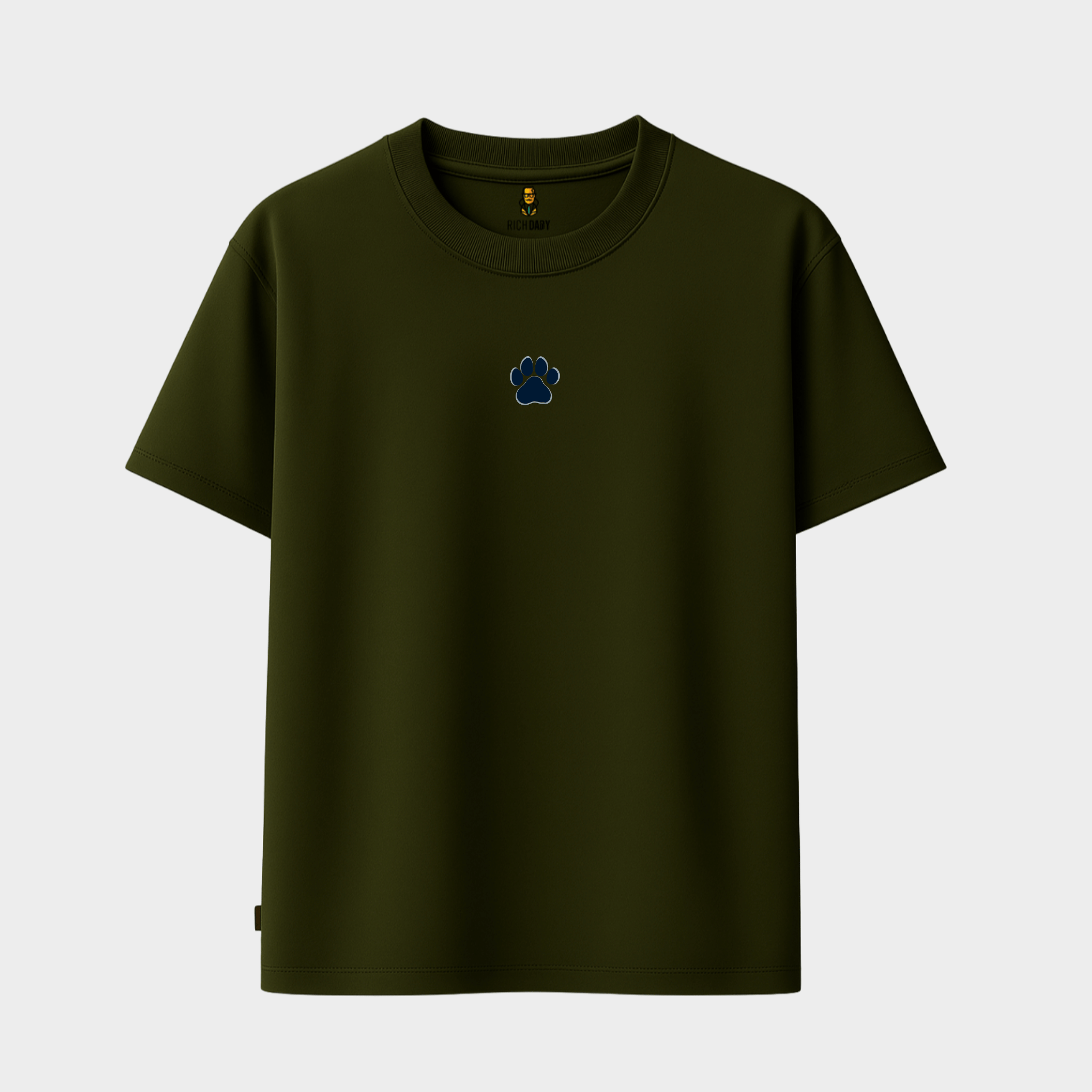 RichDaddy oversized MILTERY GREEN t-shirt front DOG FOOT PRINT FRONT 240 gsm bio-wash cotton
