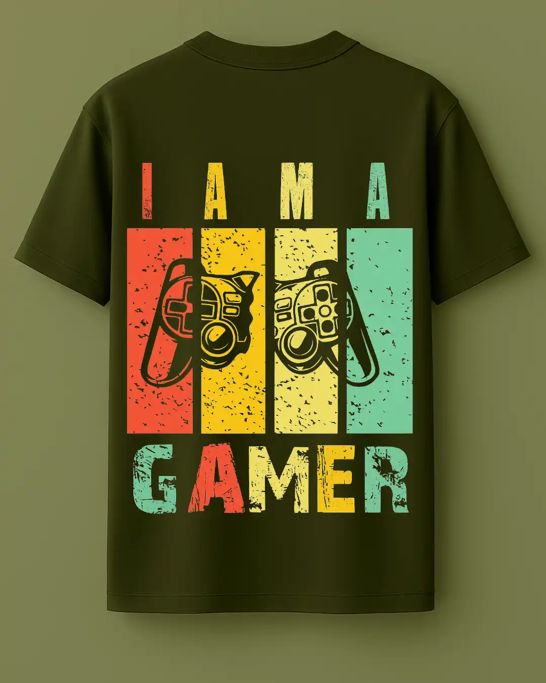 five sleeve T-Shirts back printed 100% cotton 240 GSM-Miltery Green-IAM A GAMER-by Rich Daddy