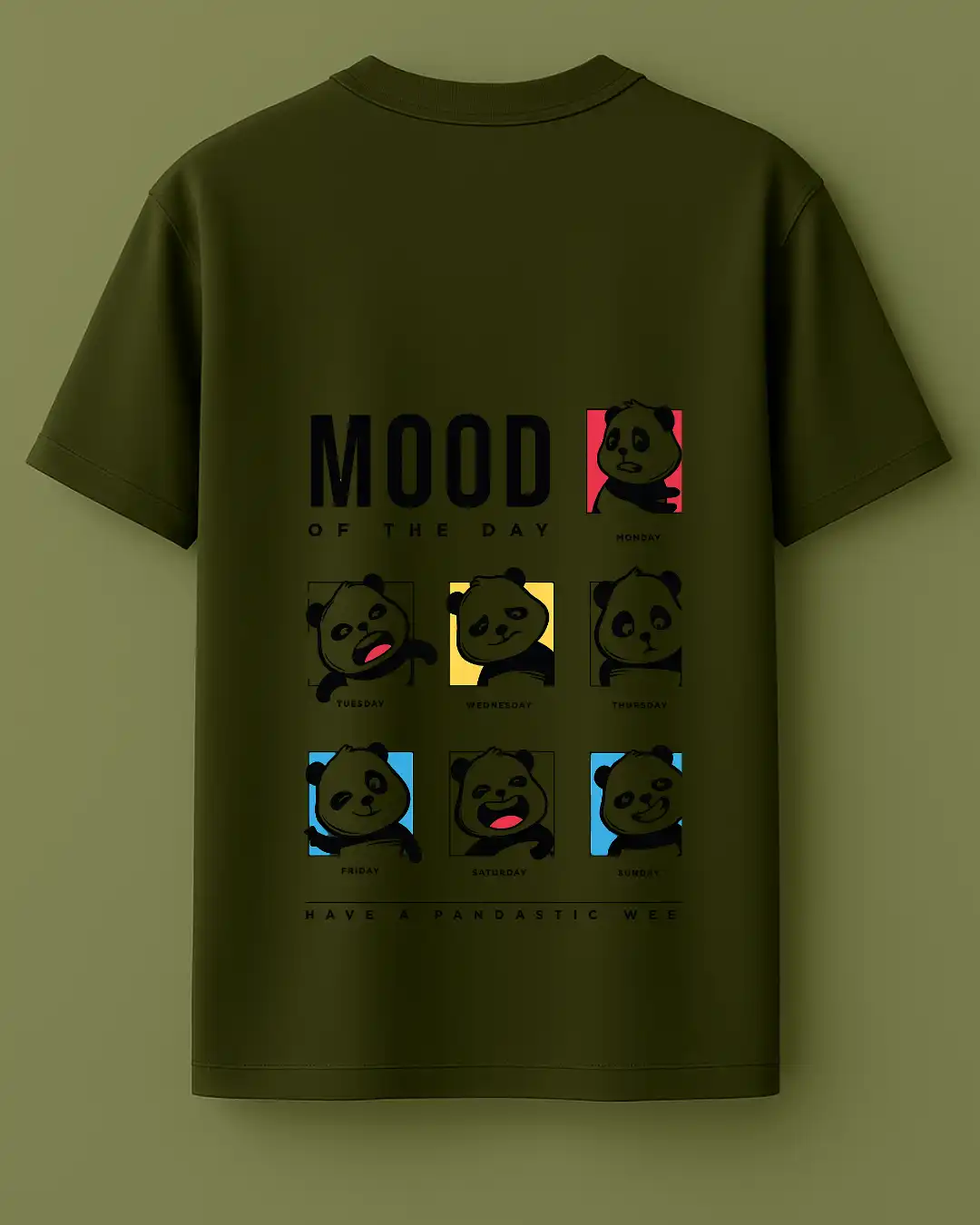 five sleeve T-Shirts back printed 100% cotton 240 GSM-Miltery Green- PANDA-by Rich Daddy