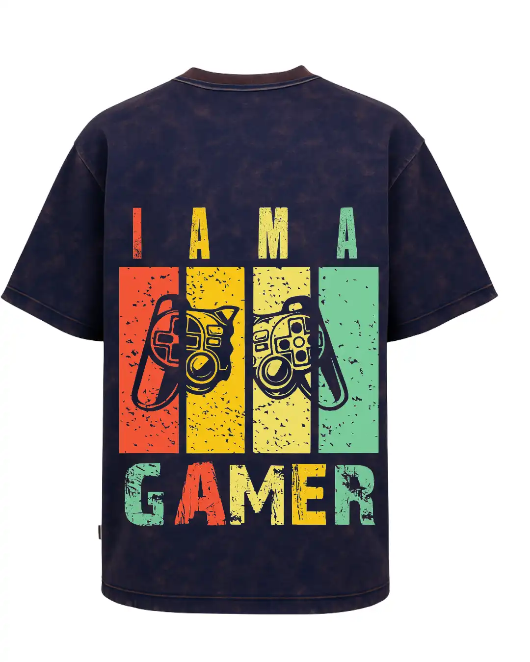 five sleeve T-Shirts back printed 100% cotton 240 GSM-acid wash-navy blue-IAM A GAMER-by Rich Daddy