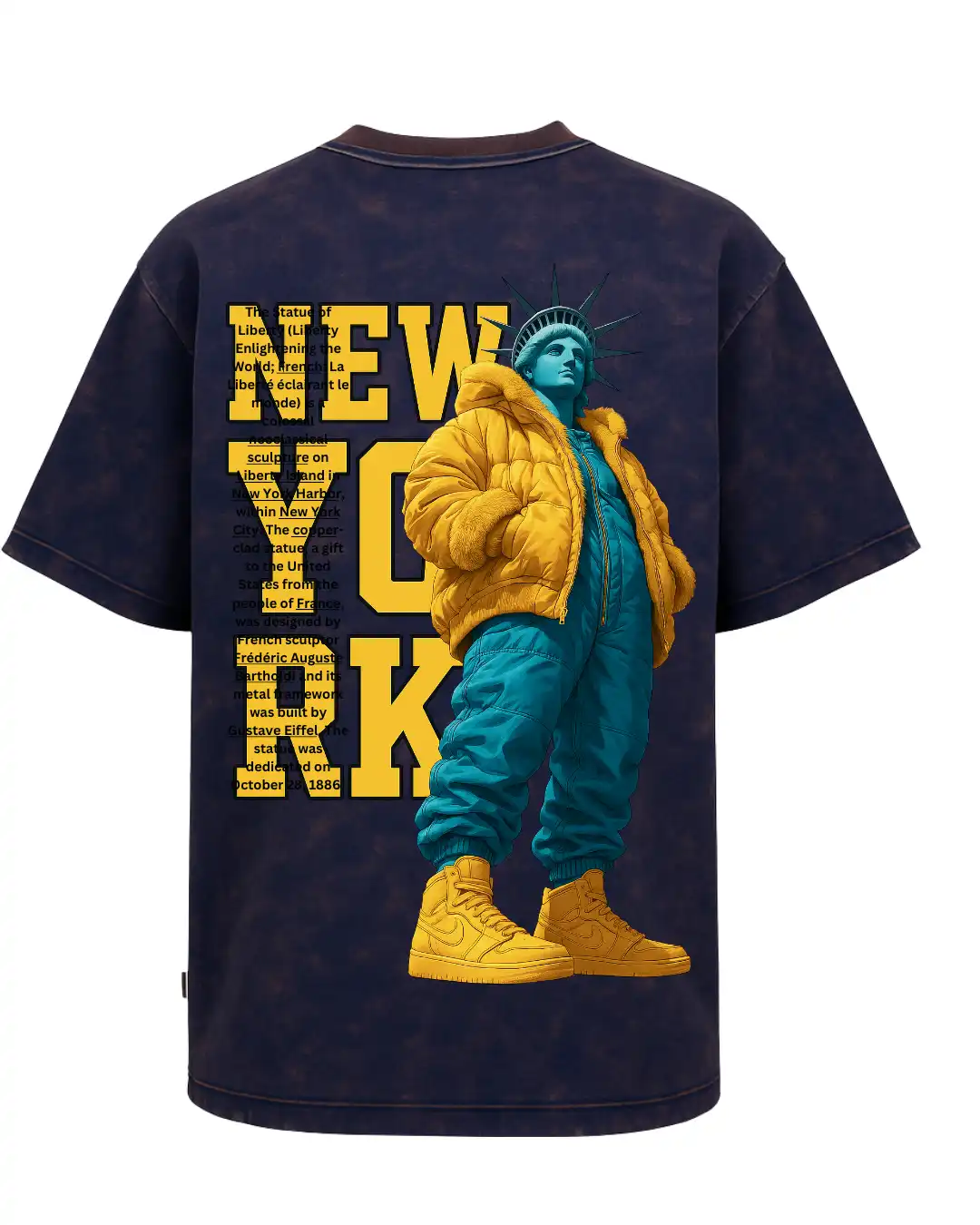 five sleeve T-Shirts back printed 100% cotton 240 GSM-Acid Wash Navy Blue NEW YORK