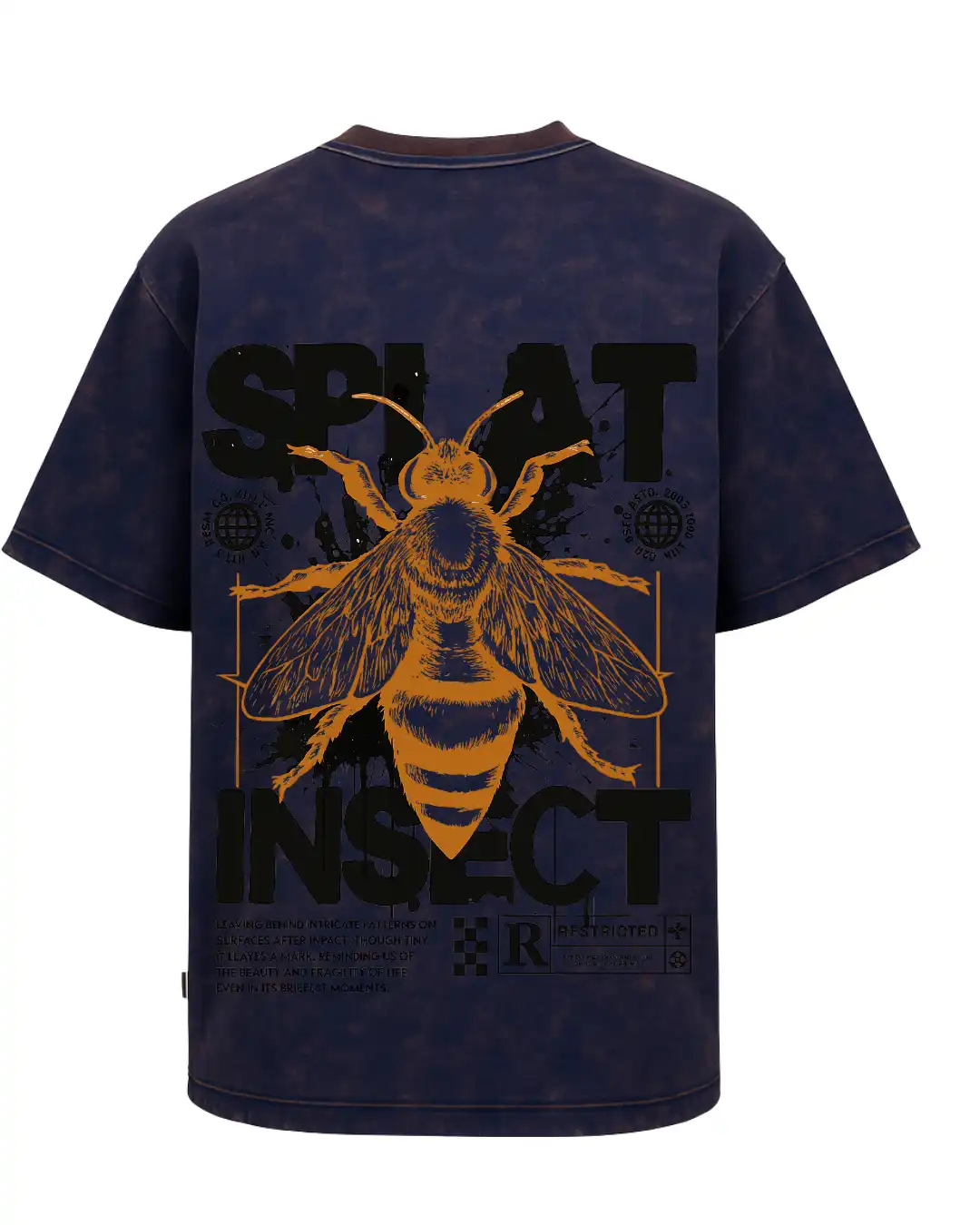 five sleeve T-Shirts back printed 100% cotton 240 GSM-Acid Wash Navy Blue-splat insect