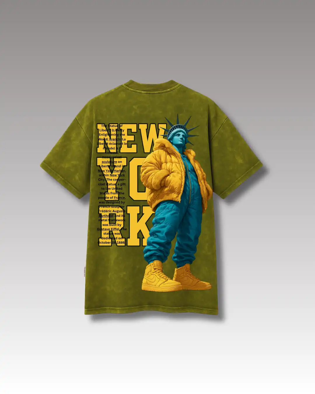 five sleeve T-Shirts back printed 100% cotton 240 GSM-Acid Wash Milery Green NEW YORK